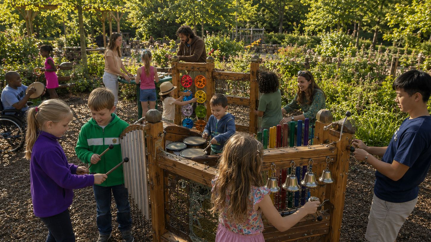 People of different ages playing a cluster of outdoor instruments together in a daytime garden — drums, chimes and bells — including a wheelchair user and several children.