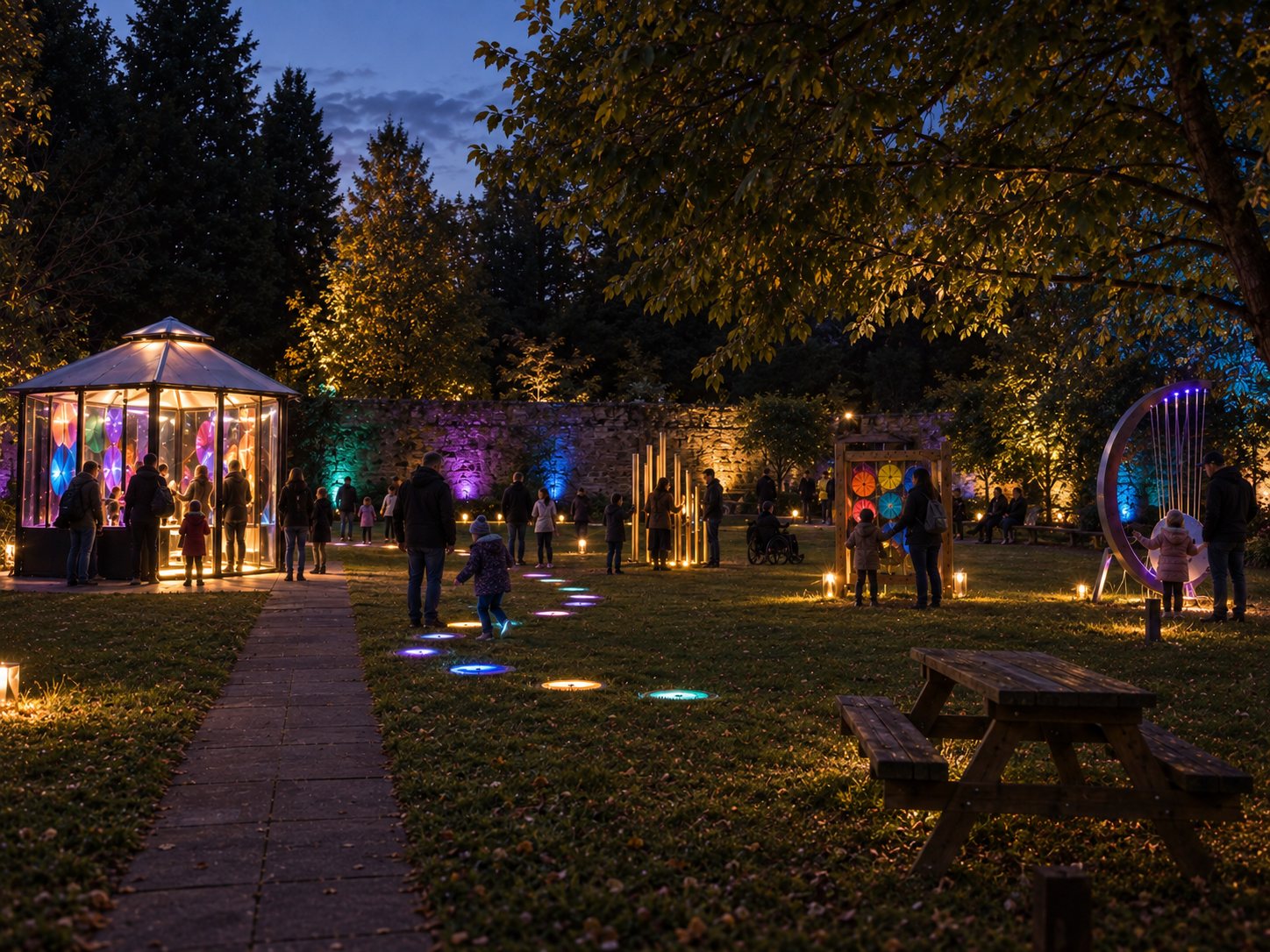 A walled garden at dusk. People explore illuminated pieces: a glowing glass pavilion, a trail of coloured light-up stepping stones, tall golden pillars, a panel of coloured discs, and a large ring strung with lights. A wheelchair user plays alongside the others, under trees lit blue and gold.