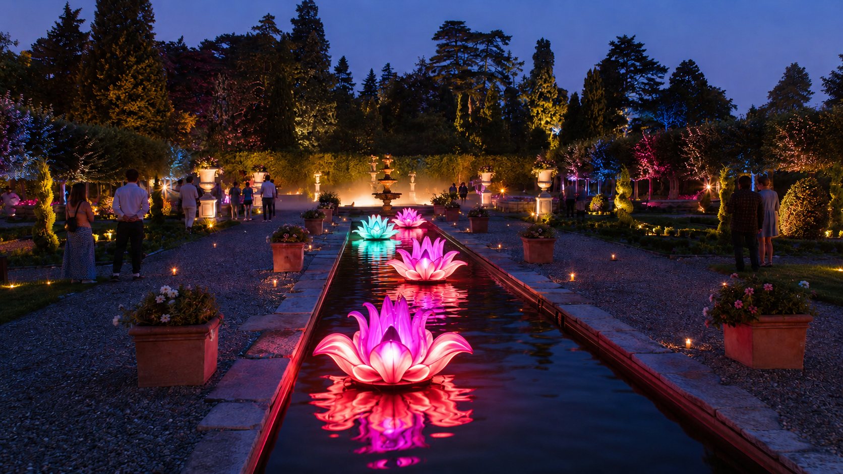 A long reflecting pool in a formal garden at dusk, with large glowing lotus flowers in pink and teal floating along it, softly lit trees and planters either side, and people strolling beyond.