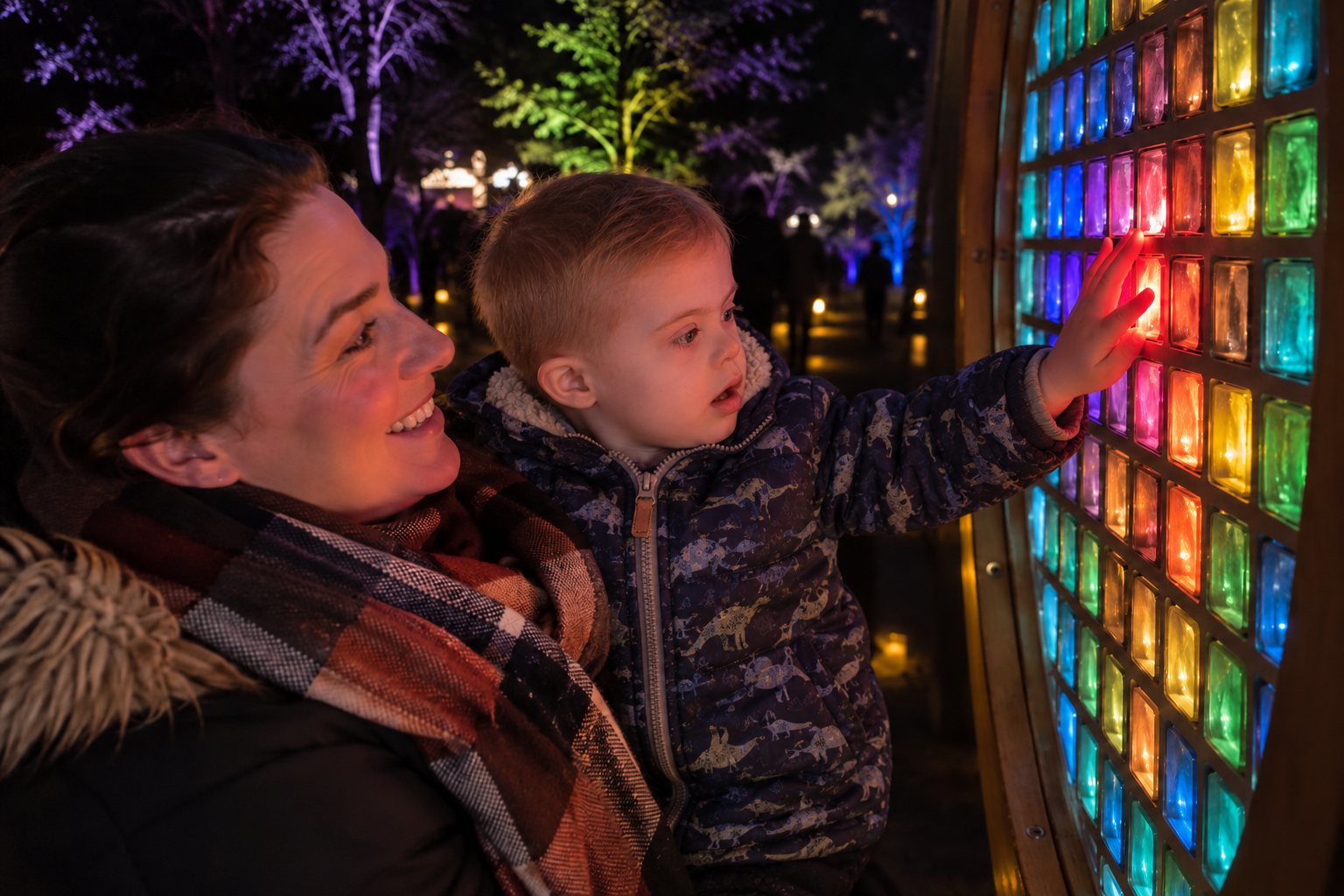 A woman smiles as the small boy she is holding presses his hand to a wall of glowing coloured glass blocks at night, with trees lit purple and green behind them.