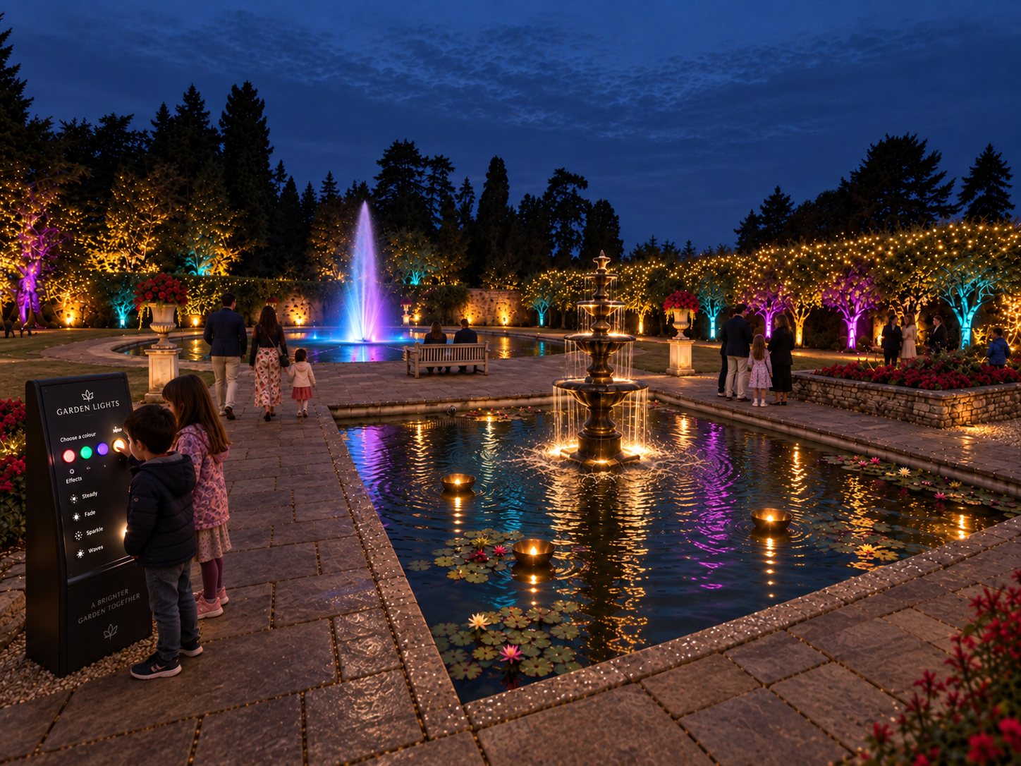 A formal garden at night: a tiered fountain in a lily pond with floating lights, a tall fountain lit blue and purple beyond, trees uplit in gold, violet and teal, and two children pressing coloured buttons on a lighting control panel.