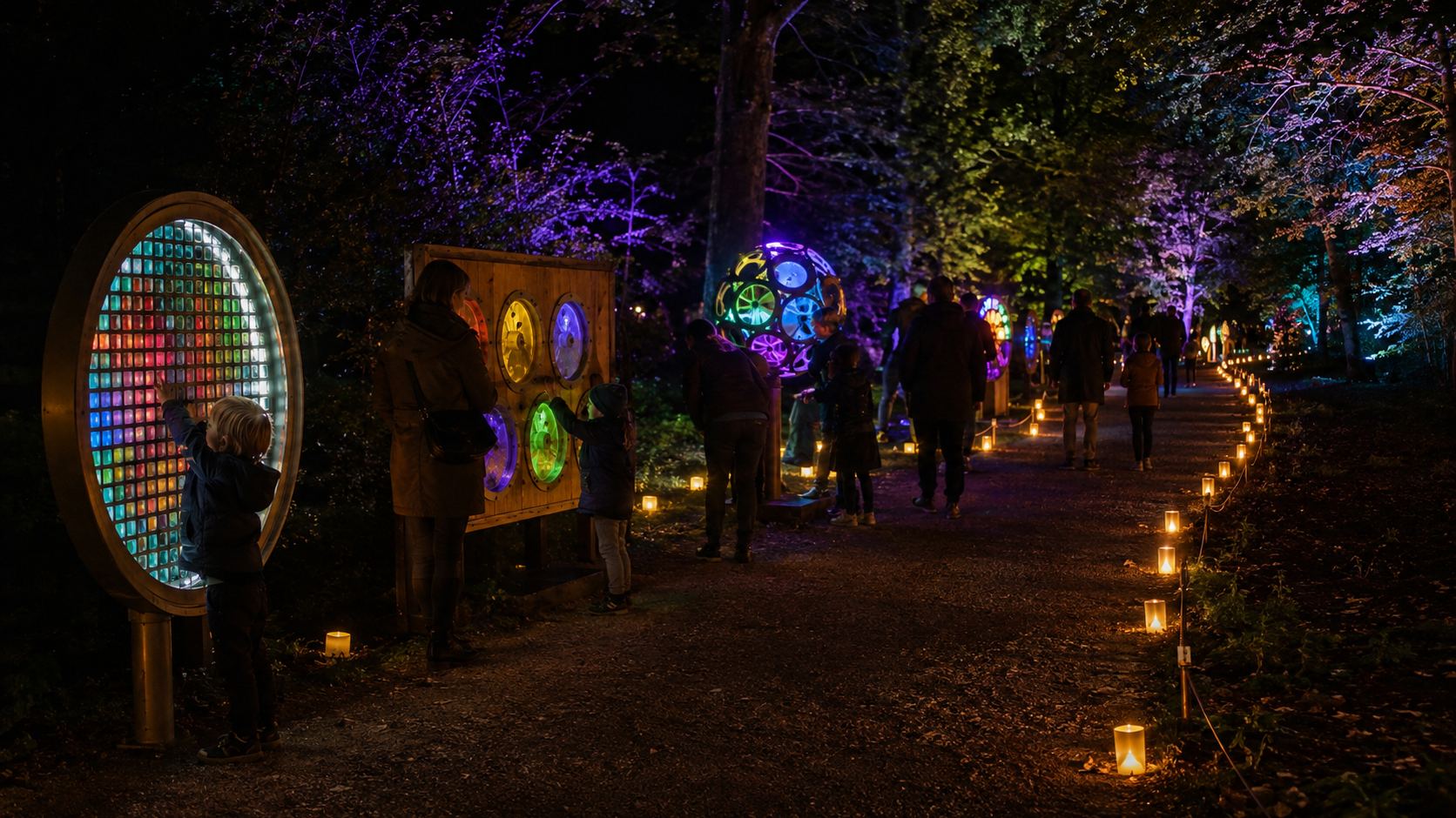 Visitors on a candle-lit woodland path at night; a child reaches up to a glowing panel of coloured discs as colour-lit trees stretch into the distance.