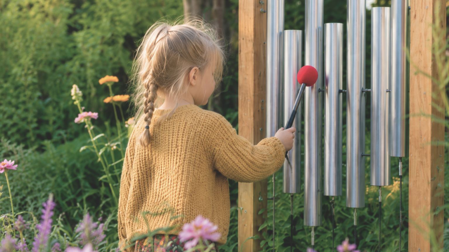 A child strikes a set of tall metal chimes with a soft mallet in a flowering summer garden.