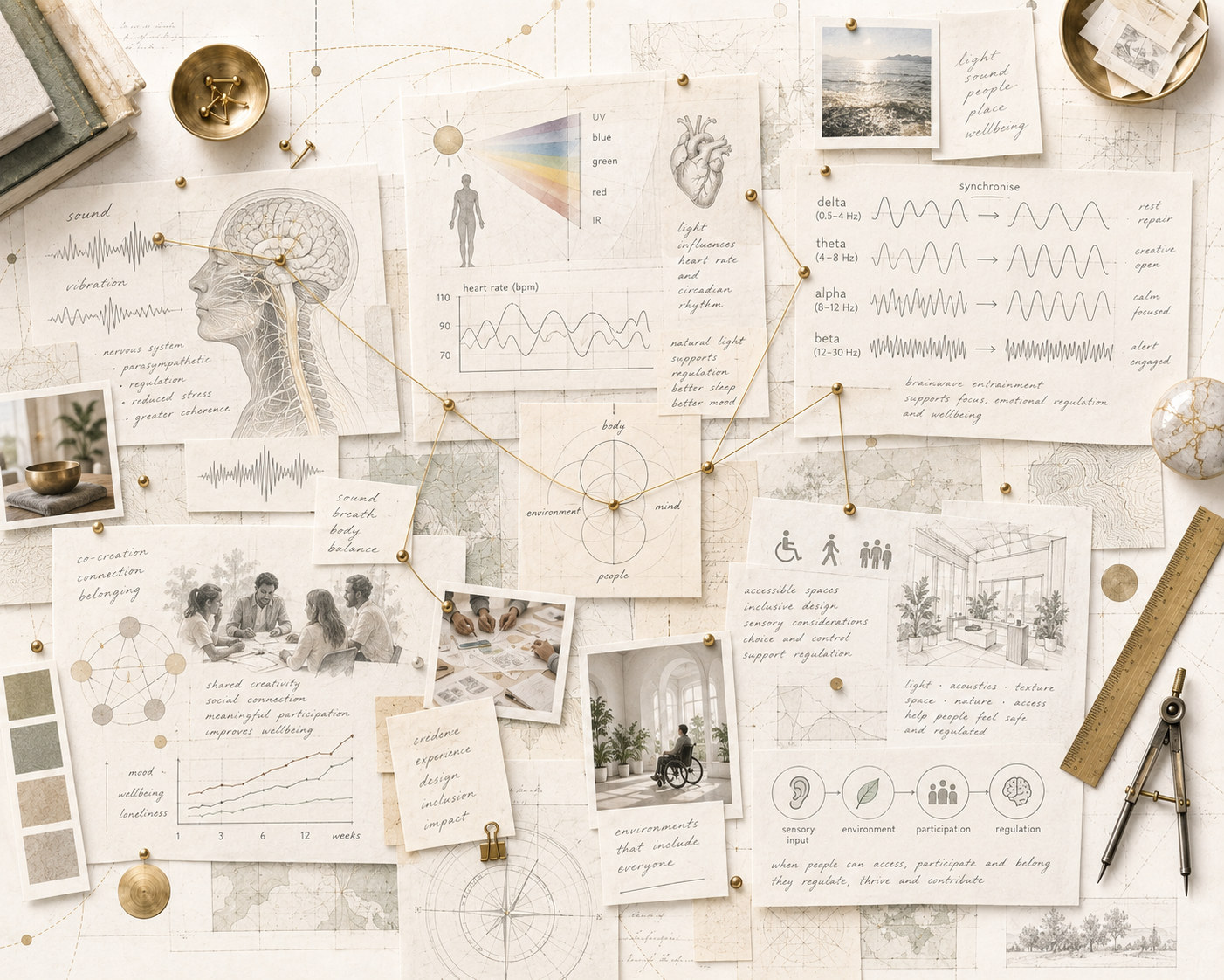 A pinned research board: an anatomical head and nervous system, a light spectrum from ultraviolet to infrared, heart rate and wellbeing graphs, brainwave bands from delta to beta, people working together, and an accessible interior &mdash; all linked by gold thread.