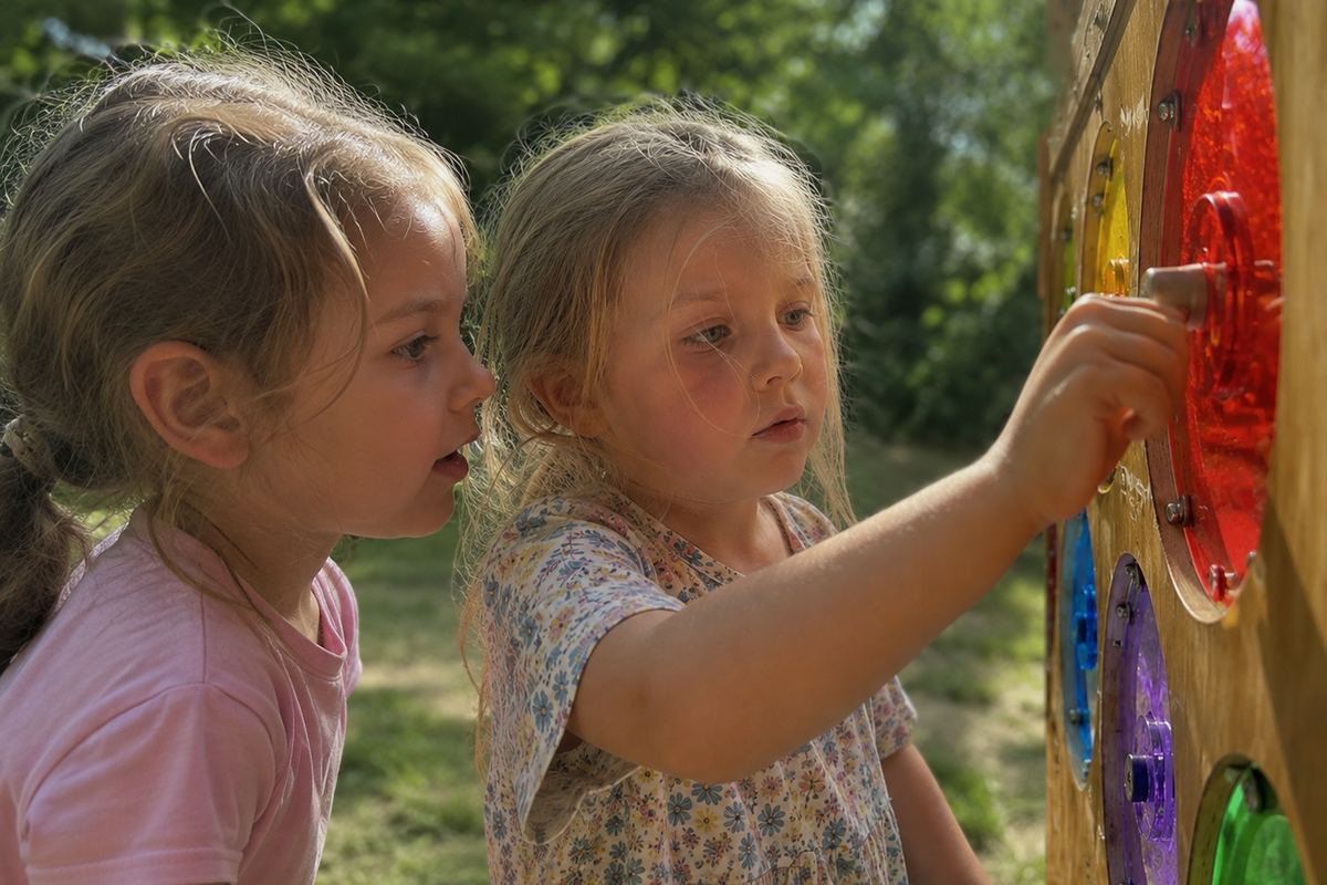 Two young children at a wooden panel of coloured translucent discs in a sunlit garden, one of them turning a red disc.