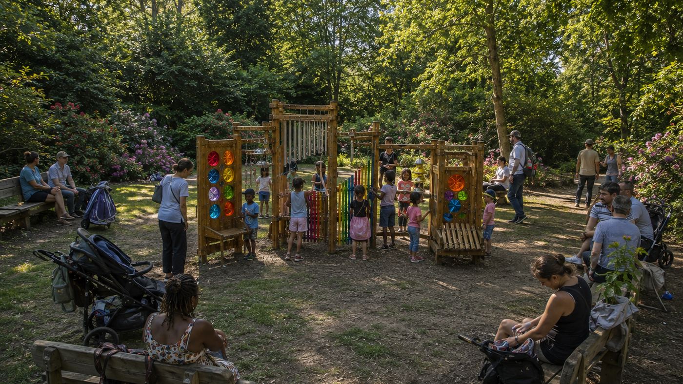 A wide clearing ringed with benches, instrument towers and panels of coloured glass at its centre. A dozen children play at them while adults sit and watch from the edge, buggies parked on the grass.