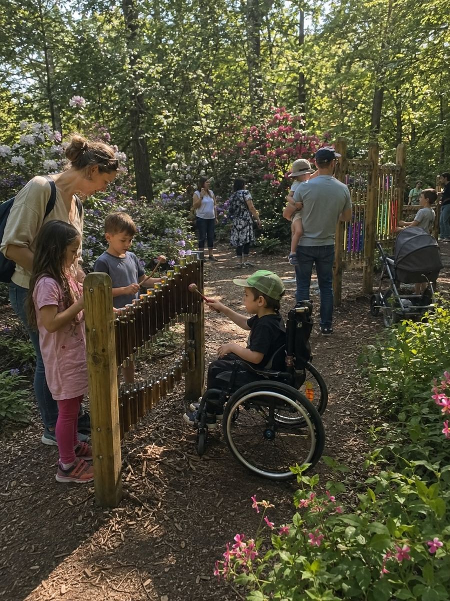 Children gathered along a wooden marimba on a woodland path, one of them in a wheelchair reaching in with a beater. Behind them, families move between further instruments among rhododendrons.