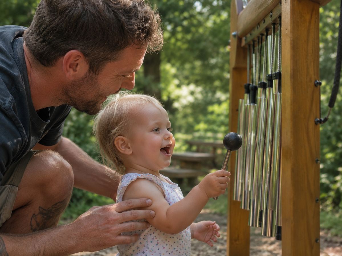 A father crouches beside his toddler daughter at a row of tall metal chimes. She is mid-laugh, one hand raised with a beater against the chimes, his hand steadying her arm.