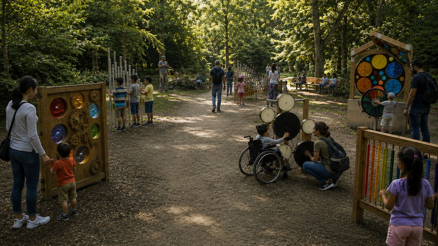 A broad woodland path with instruments set along both sides &mdash; chime columns, a bank of drums, panels of coloured glass. A child in a wheelchair plays the drums with an adult crouched alongside.