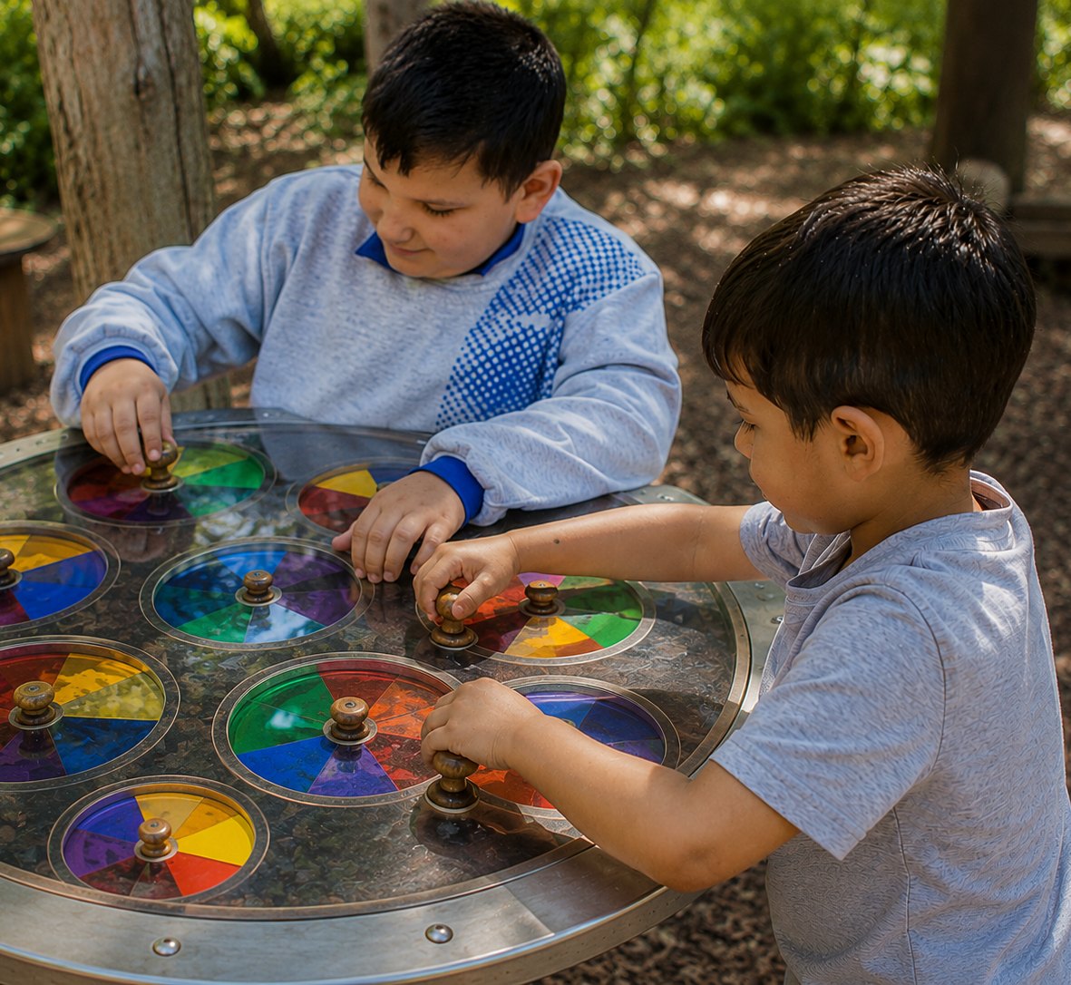 Two boys stand at a round table set with discs of coloured glass, each turning a wooden knob that slides one colour across another.