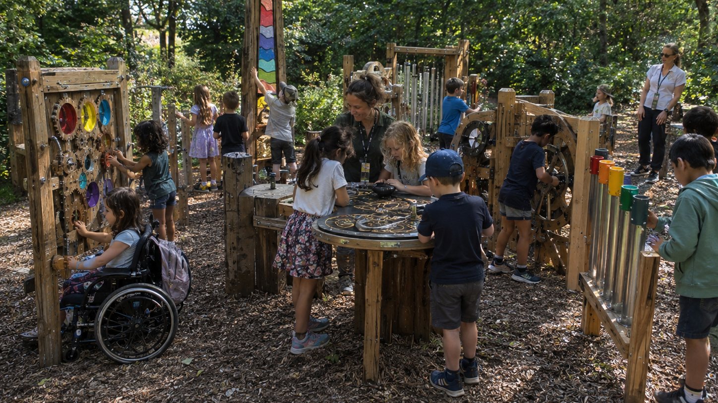 A woodland clearing laid out with instrument panels, chimes and a round colour-mixing table. A dozen children are spread across it, each at a different instrument, with two adults among them. One child is in a wheelchair at a panel of coloured discs.